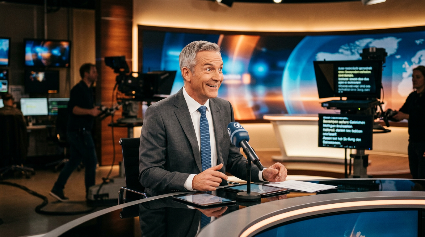 Moderator lacht im Live-TV Studio